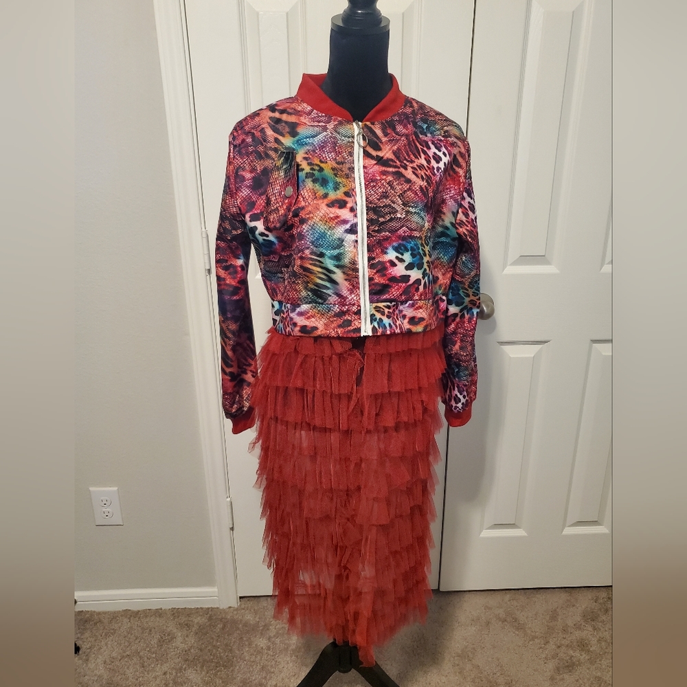 Ruffle Snake Print Slit Front Open Zip Up Bomber Jacket w/Pockets